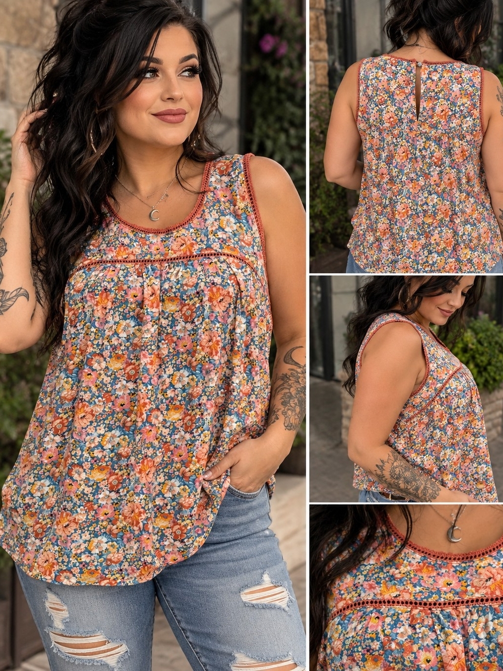 Maurices Multicolor Floral Crochet-Trim Tank